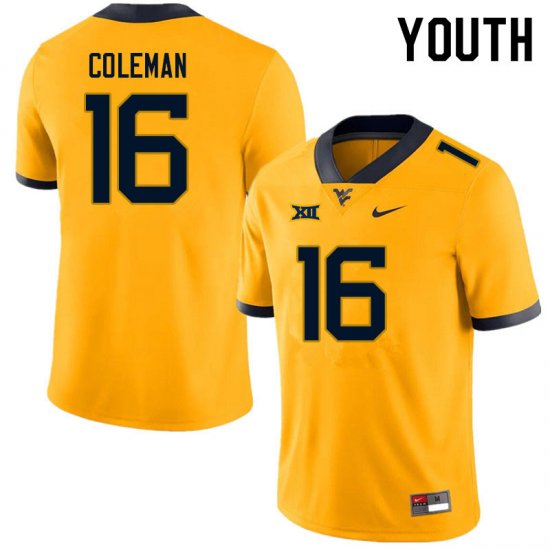 Youth West Virginia Mountaineers NCAA #16 Caleb Coleman Gold Authentic Nike Stitched College Football Jersey OU15E15FU